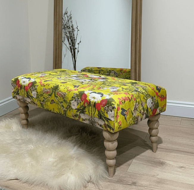 PREMIUM BARBADOS FOOTSTOOL YELLOW FIRST BIRD FLORAL POUFFE FOOTREST - ISTOOLS