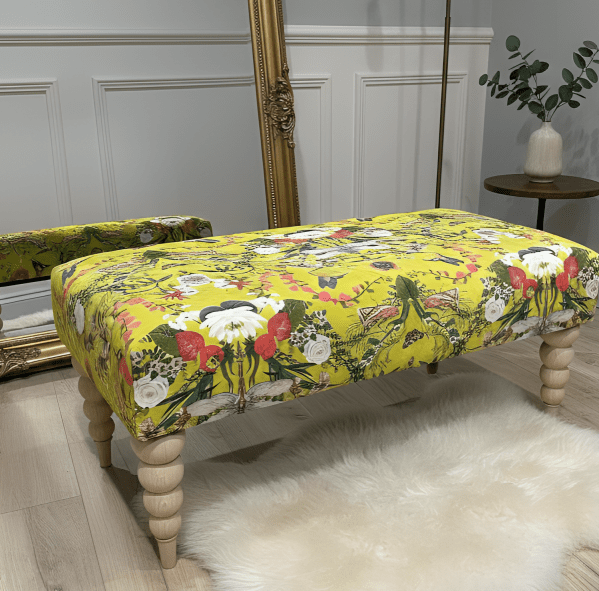 PREMIUM BARBADOS FOOTSTOOL YELLOW FIRST BIRD FLORAL POUFFE FOOTREST - ISTOOLS