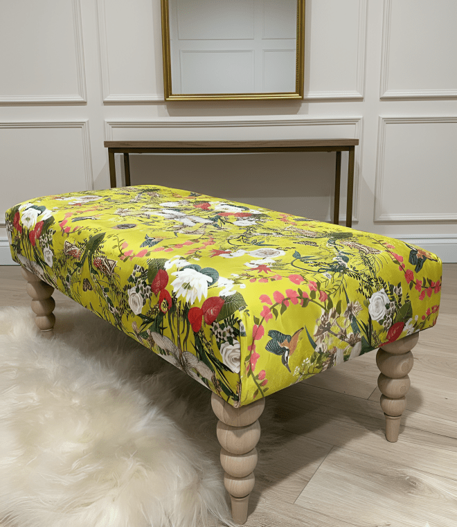 PREMIUM BARBADOS FOOTSTOOL YELLOW FIRST BIRD FLORAL POUFFE FOOTREST - ISTOOLS