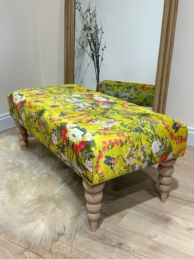PREMIUM BARBADOS FOOTSTOOL YELLOW FIRST BIRD FLORAL POUFFE FOOTREST - ISTOOLS