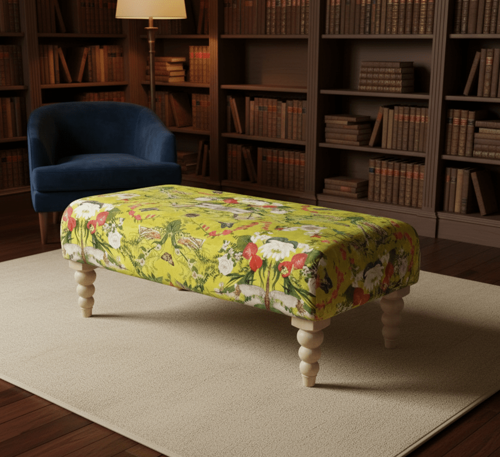 PREMIUM BARBADOS FOOTSTOOL YELLOW FIRST BIRD FLORAL POUFFE FOOTREST - ISTOOLS