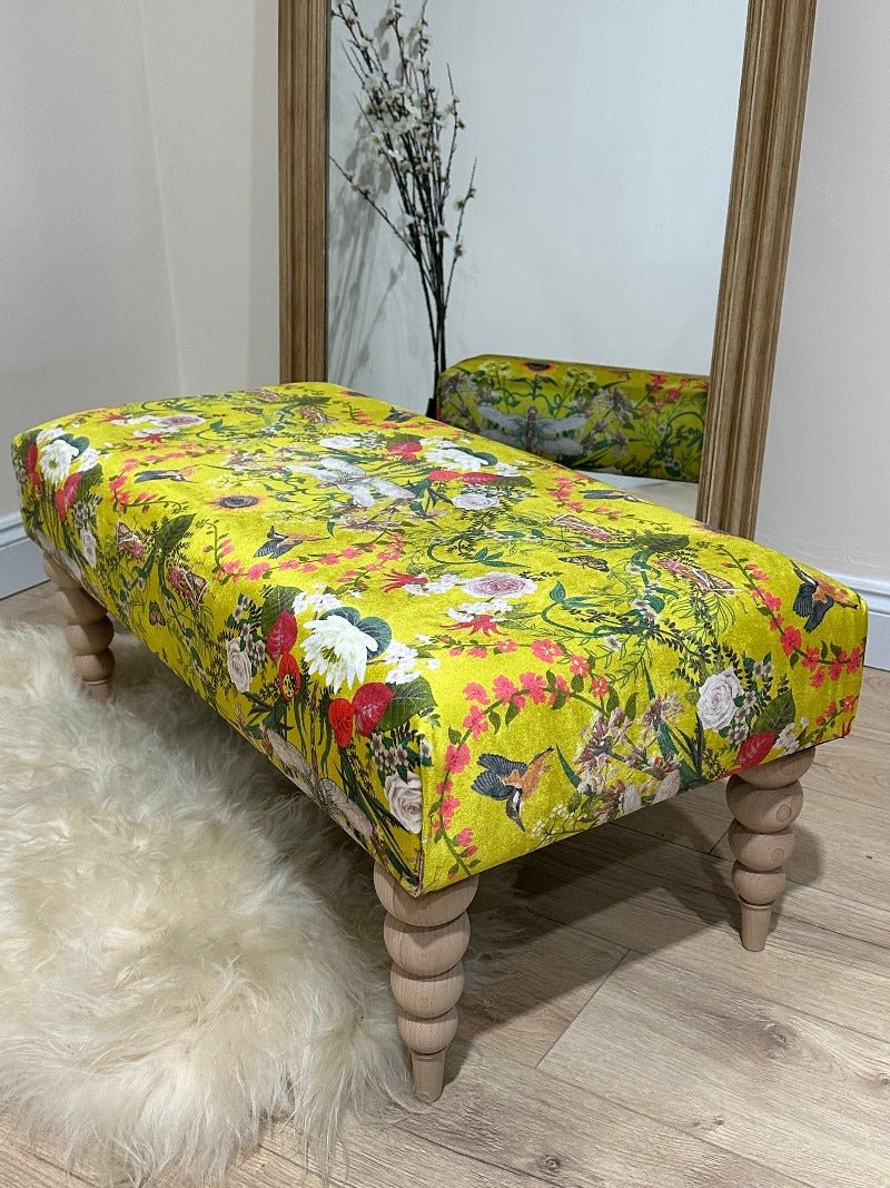 PREMIUM BARBADOS FOOTSTOOL YELLOW FIRST BIRD FLORAL POUFFE FOOTREST - ISTOOLS