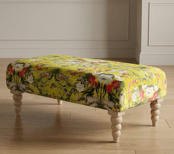 PREMIUM BARBADOS FOOTSTOOL YELLOW FIRST BIRD FLORAL POUFFE FOOTREST - ISTOOLS