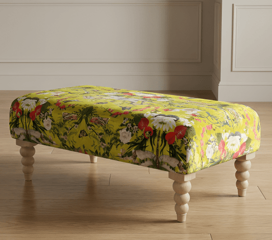 PREMIUM BARBADOS FOOTSTOOL YELLOW FIRST BIRD FLORAL POUFFE FOOTREST - ISTOOLS
