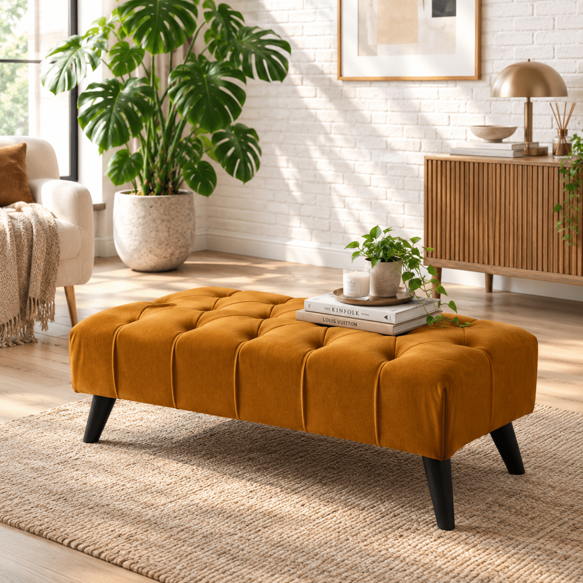Premium Burnt Orange Velvet Footstool Pouffe – Luxury UK Ottoman - ISTOOLS