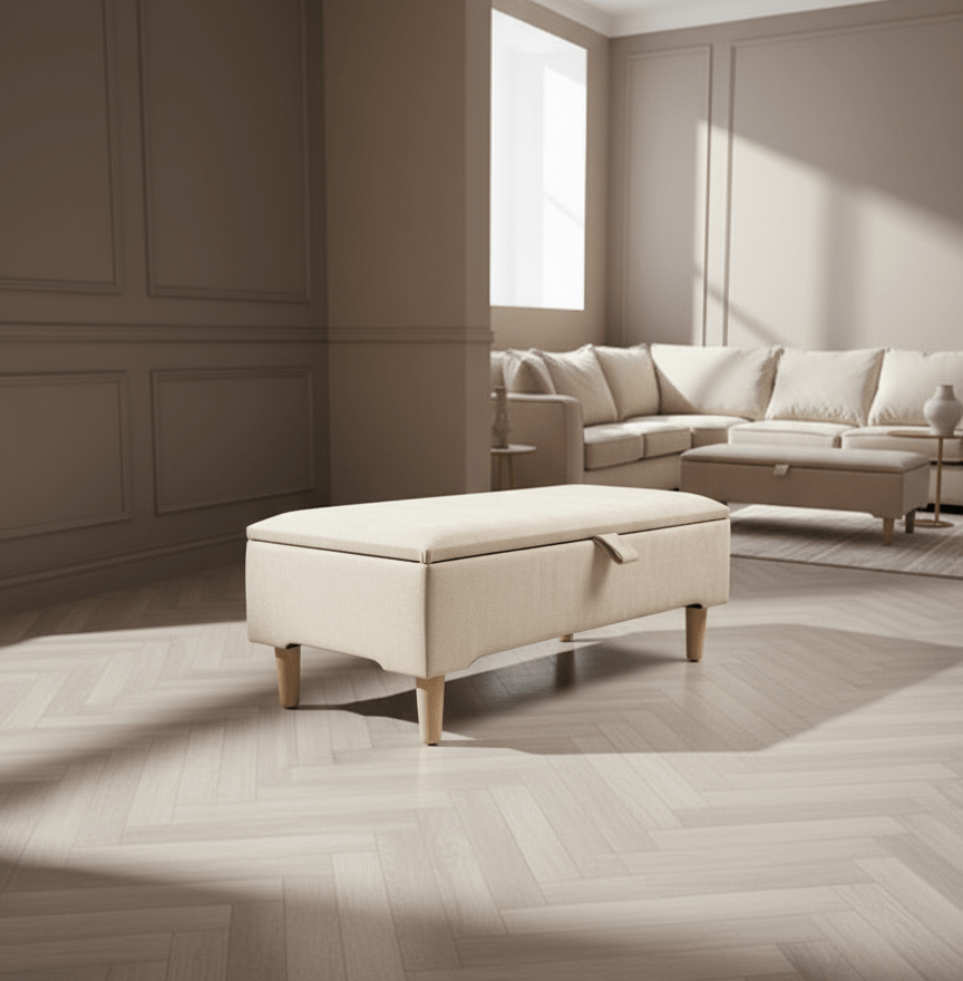 Premium coffee table off white storage box bench plain lid Ottoman seat - ISTOOLS