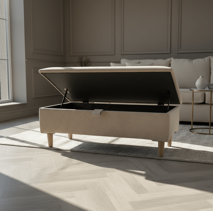 Premium coffee table off white storage box bench plain lid Ottoman seat - ISTOOLS