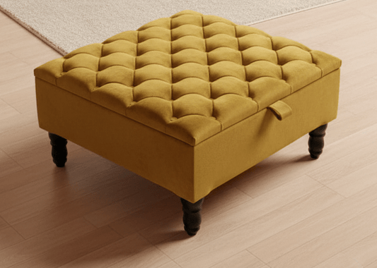 PREMIUM coffee table Velvet Square Ottoman Storage | Chesterfield Footstool Pouffe UK | Mustard Gold Table - ISTOOLS