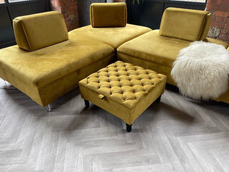 PREMIUM coffee table Velvet Square Ottoman Storage | Chesterfield Footstool Pouffe UK | Mustard Gold Table - ISTOOLS