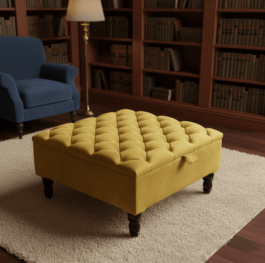 PREMIUM coffee table Velvet Square Ottoman Storage | Chesterfield Footstool Pouffe UK | Mustard Gold Table - ISTOOLS