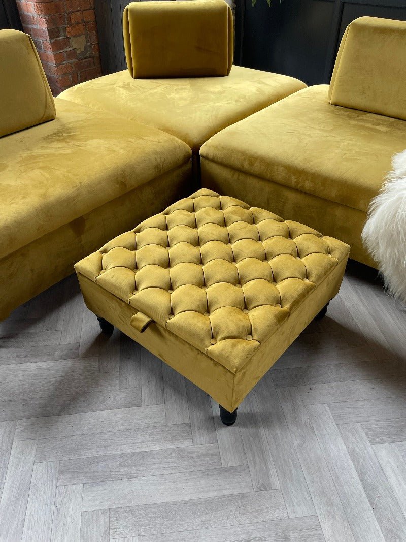 PREMIUM coffee table Velvet Square Ottoman Storage | Chesterfield Footstool Pouffe UK | Mustard Gold Table - ISTOOLS
