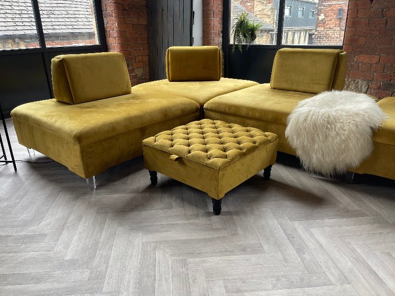 PREMIUM coffee table Velvet Square Ottoman Storage | Chesterfield Footstool Pouffe UK | Mustard Gold Table - ISTOOLS
