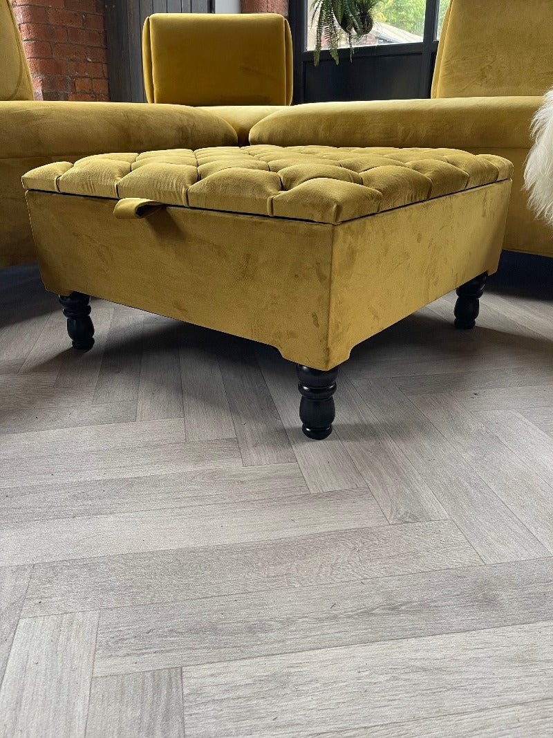 PREMIUM coffee table Velvet Square Ottoman Storage | Chesterfield Footstool Pouffe UK | Mustard Gold Table - ISTOOLS