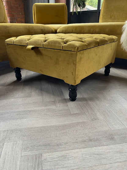 PREMIUM coffee table Velvet Square Ottoman Storage | Chesterfield Footstool Pouffe UK | Mustard Gold Table - ISTOOLS