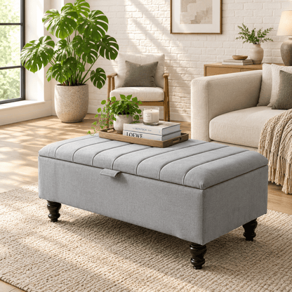 Premium Dark Grey Storage Ottoman Bench – Velvet Coffee Table & Extra Seating with Hidden Storage - ISTOOLS