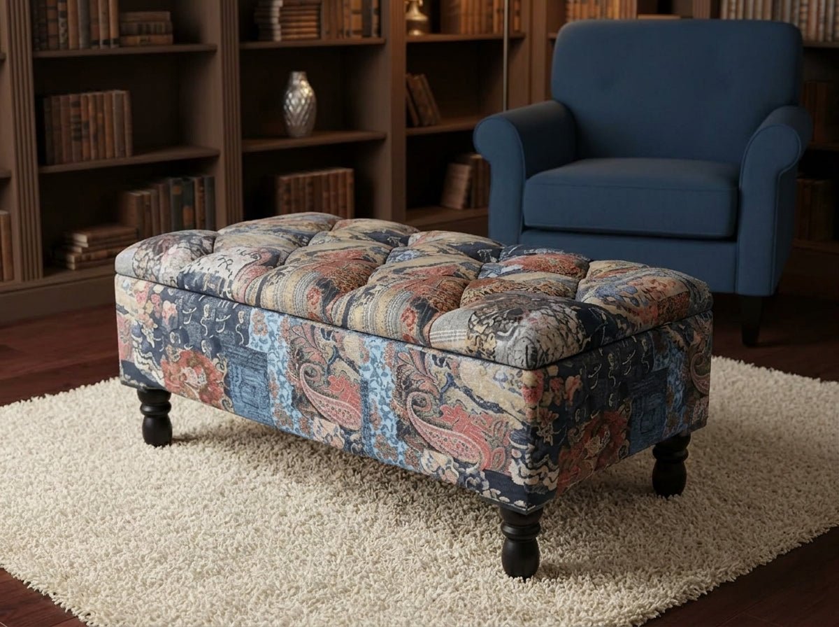 Premium Demask Multicolour Square Footstool – Handmade Comfortable Accent Seat - ISTOOLS
