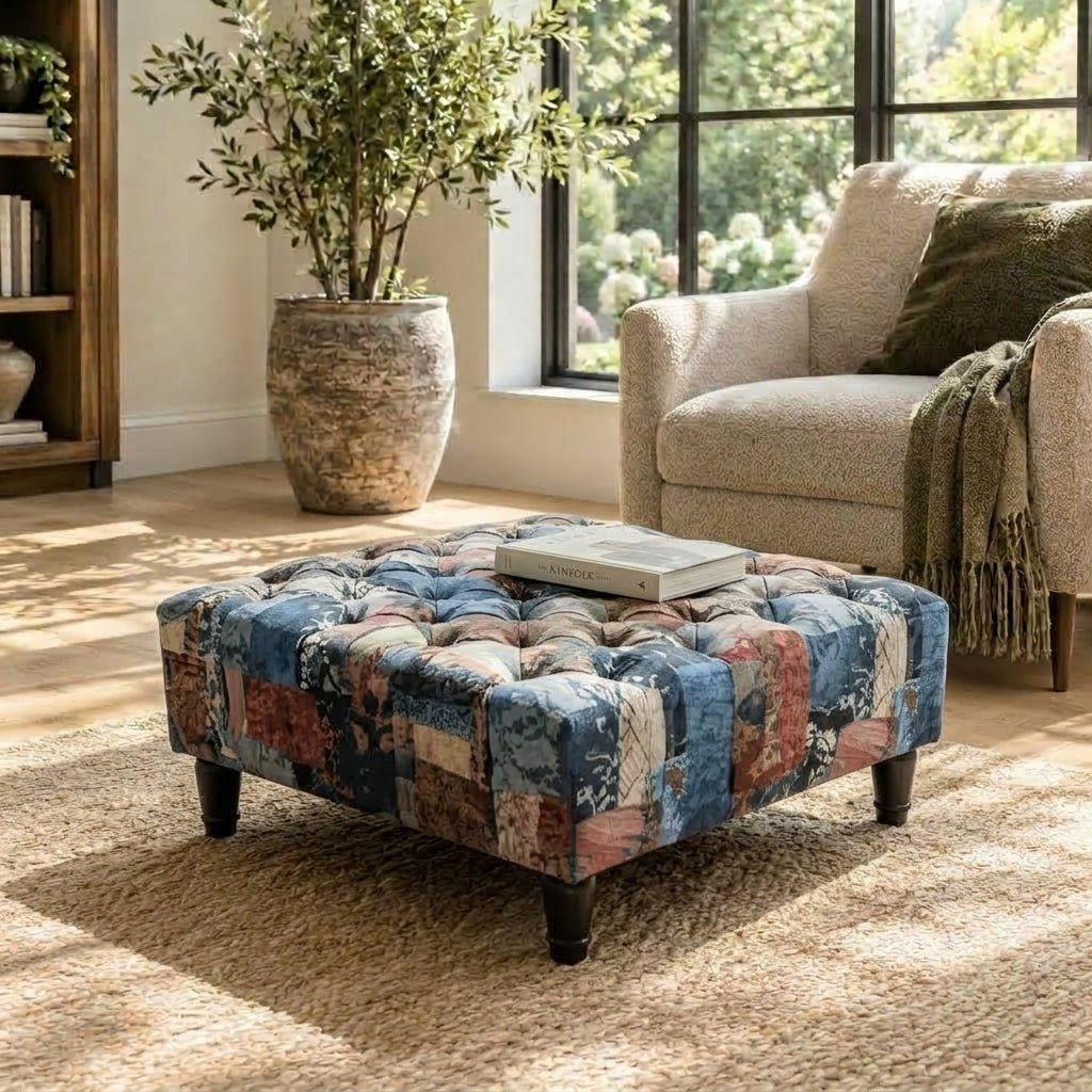 Premium Demask Multicolour Square Footstool – Handmade Comfortable Accent Seat - ISTOOLS