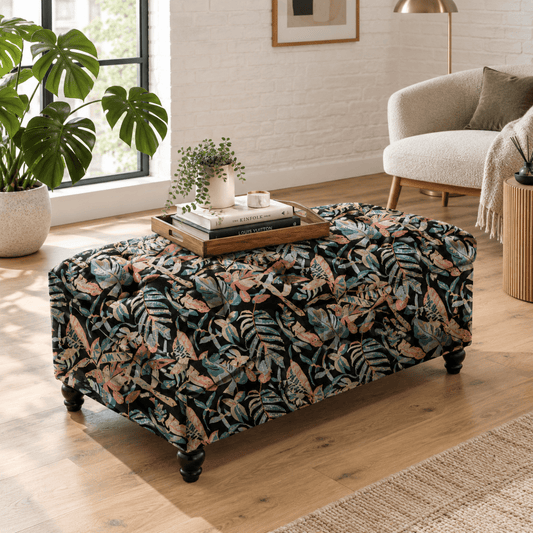 Premium Floral Storage Ottoman Pouffe Bench – Dark Leaf Velvet Footstool - ISTOOLS