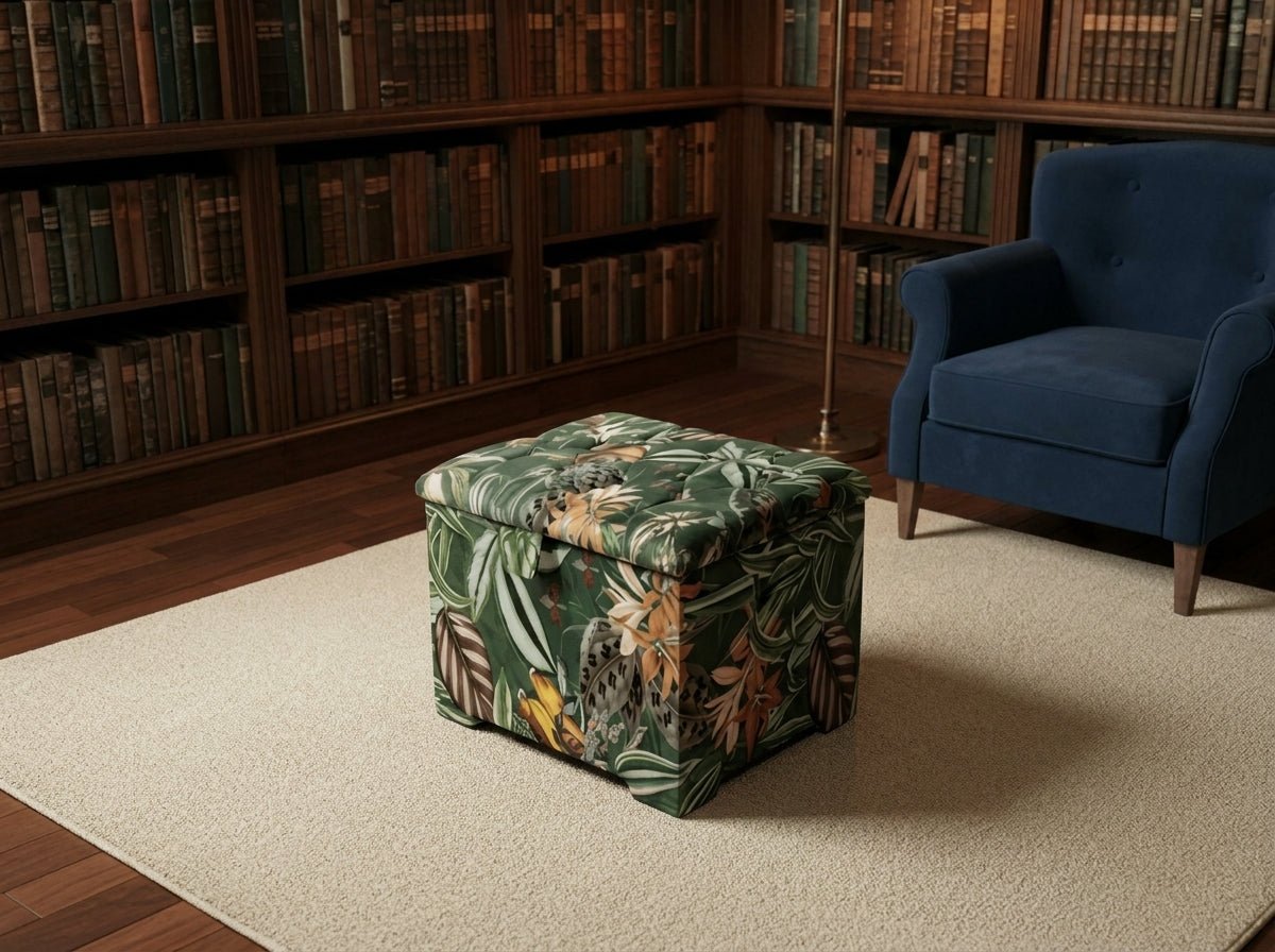 Premium Green Floral Large Square Ottoman | Storage Footstool Pouffe UK - ISTOOLS