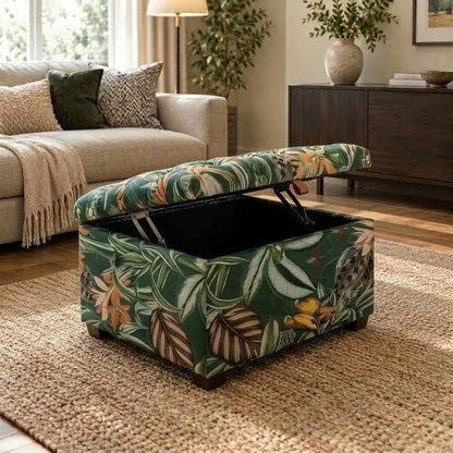 Premium Green Floral Large Square Ottoman | Storage Footstool Pouffe UK - ISTOOLS