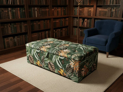 Premium Green Floral Large Square Ottoman | Storage Footstool Pouffe UK - ISTOOLS