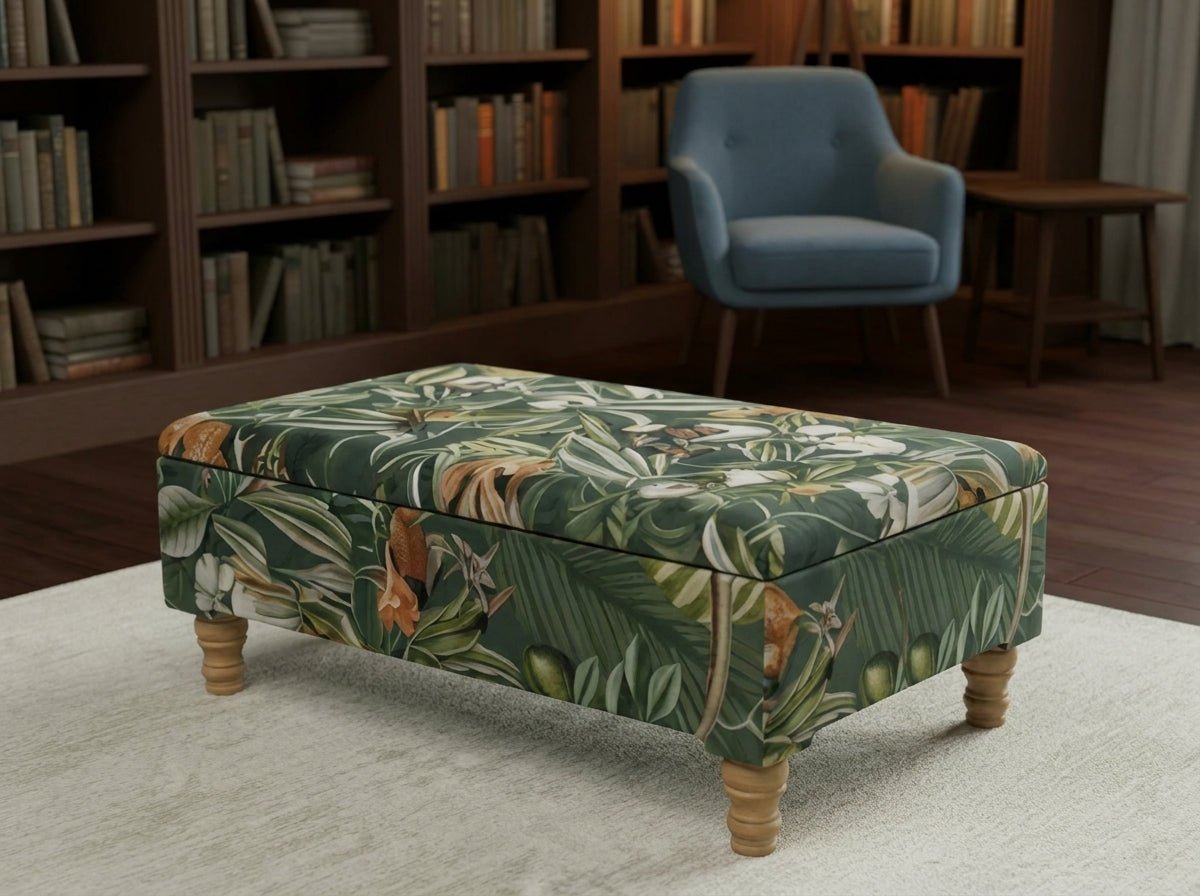 Premium Green Floral Velvet Ottoman Bench with Storage – Luxury Coffee Table & Pouffe Seating - ISTOOLS