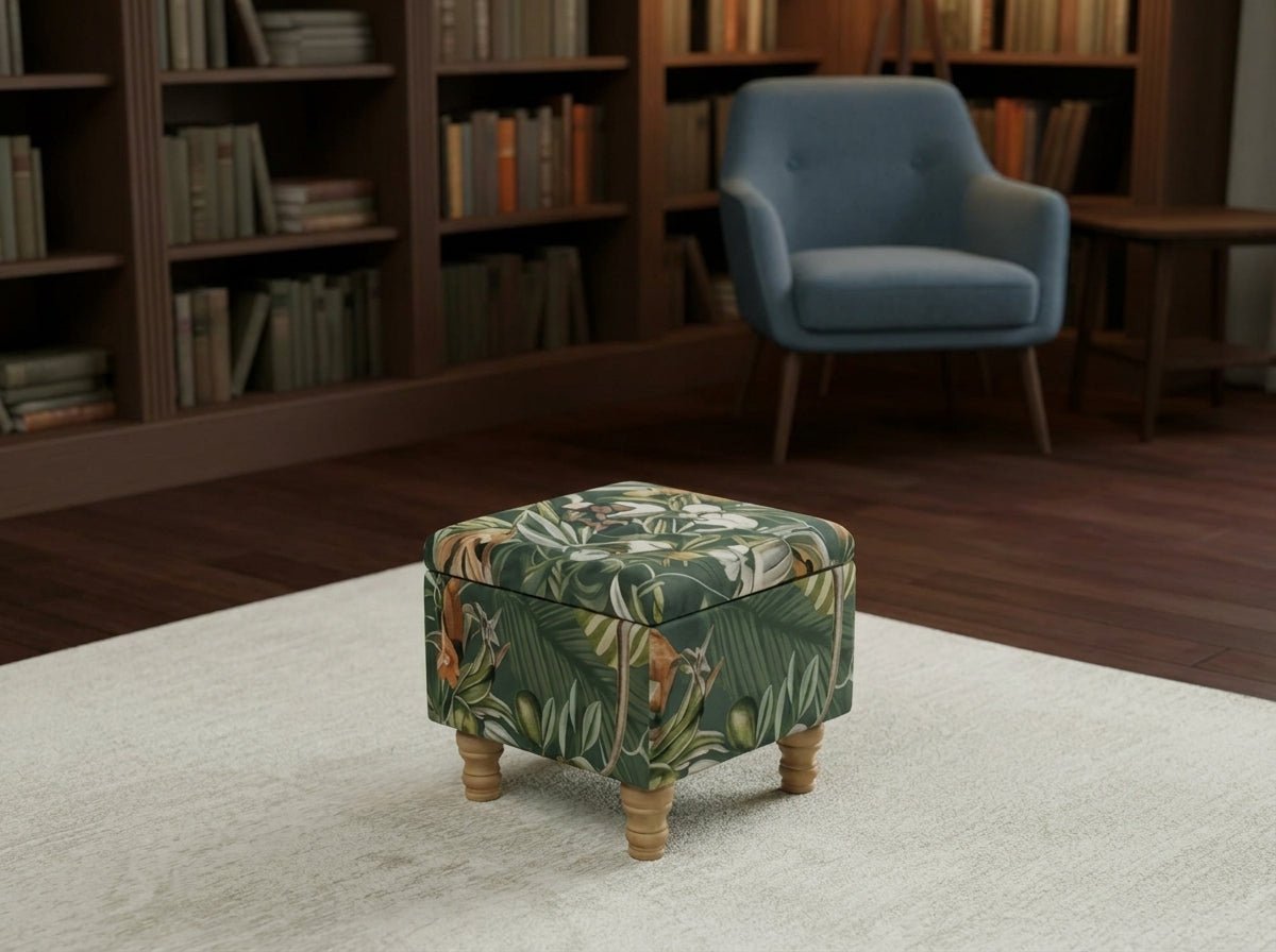 Premium Green Floral Velvet Ottoman Bench with Storage – Luxury Coffee Table & Pouffe Seating - ISTOOLS