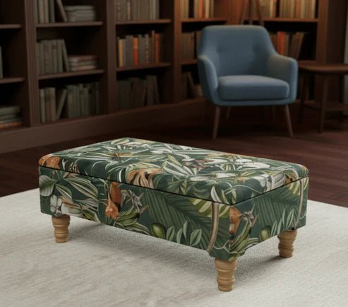 Premium Green Floral Velvet Ottoman Bench with Storage – Luxury Coffee Table & Pouffe Seating - ISTOOLS