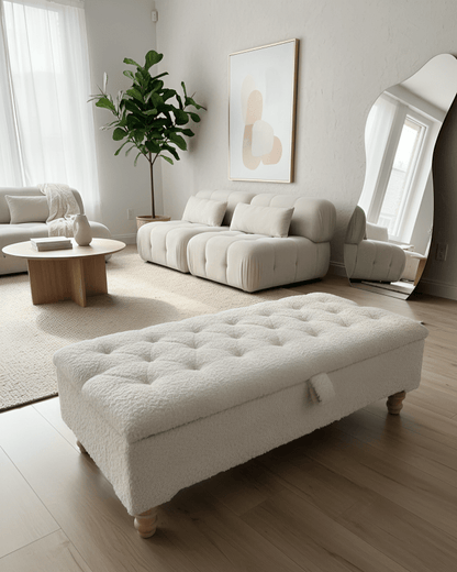 Premium large Teddy Bear Fluffy Creamy White Plain Top Footstool Coffee Table - ISTOOLS