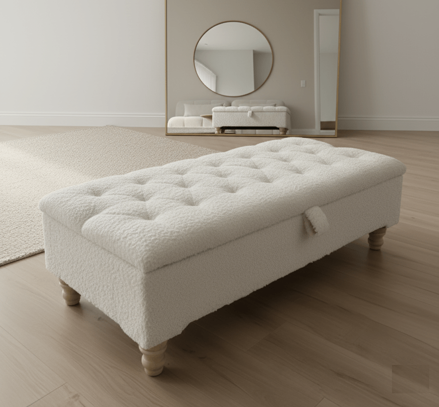 Premium large Teddy Bear Fluffy Creamy White Plain Top Footstool Coffee Table - ISTOOLS