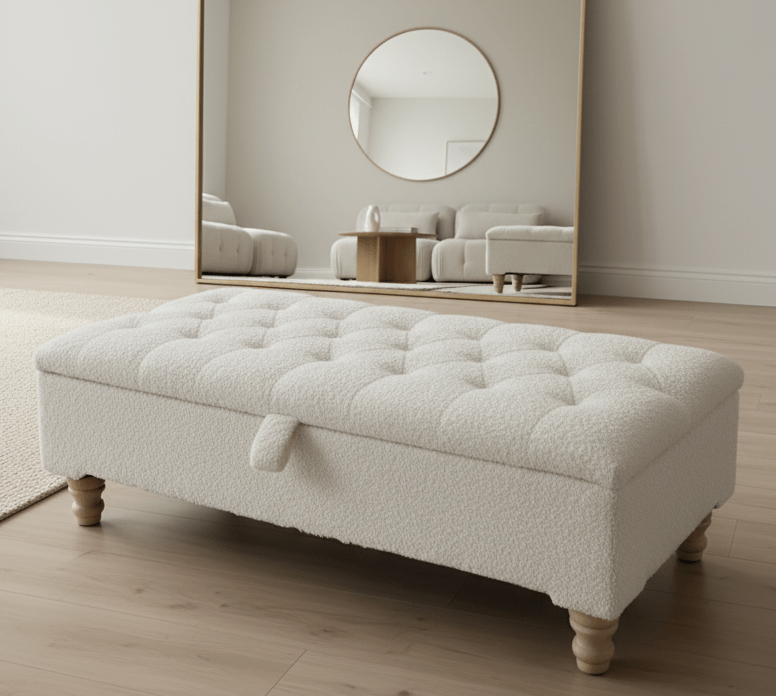Premium large Teddy Bear Fluffy Creamy White Plain Top Footstool Coffee Table - ISTOOLS