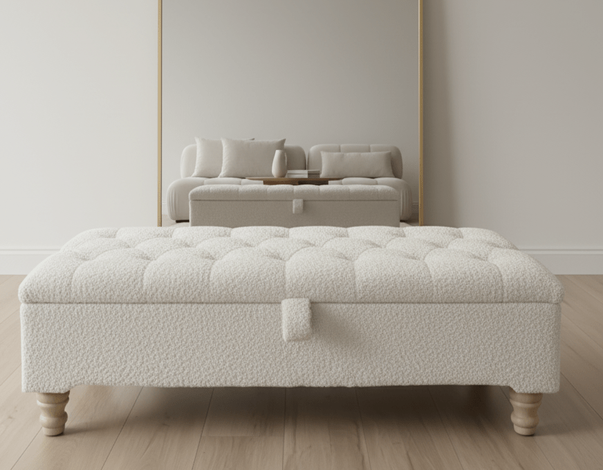 Premium large Teddy Bear Fluffy Creamy White Plain Top Footstool Coffee Table - ISTOOLS