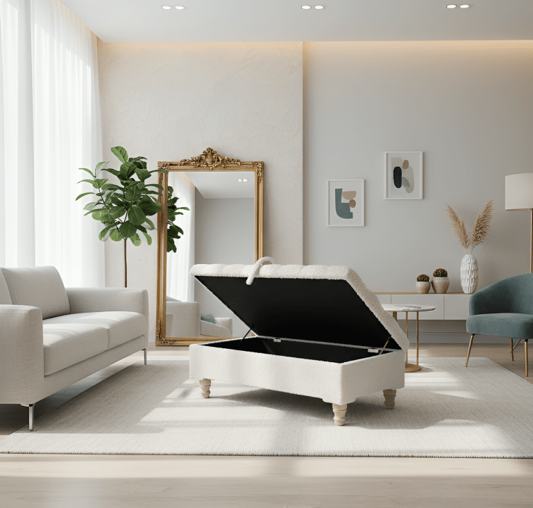 Premium large Teddy Bear Fluffy Creamy White Plain Top Footstool Coffee Table - ISTOOLS