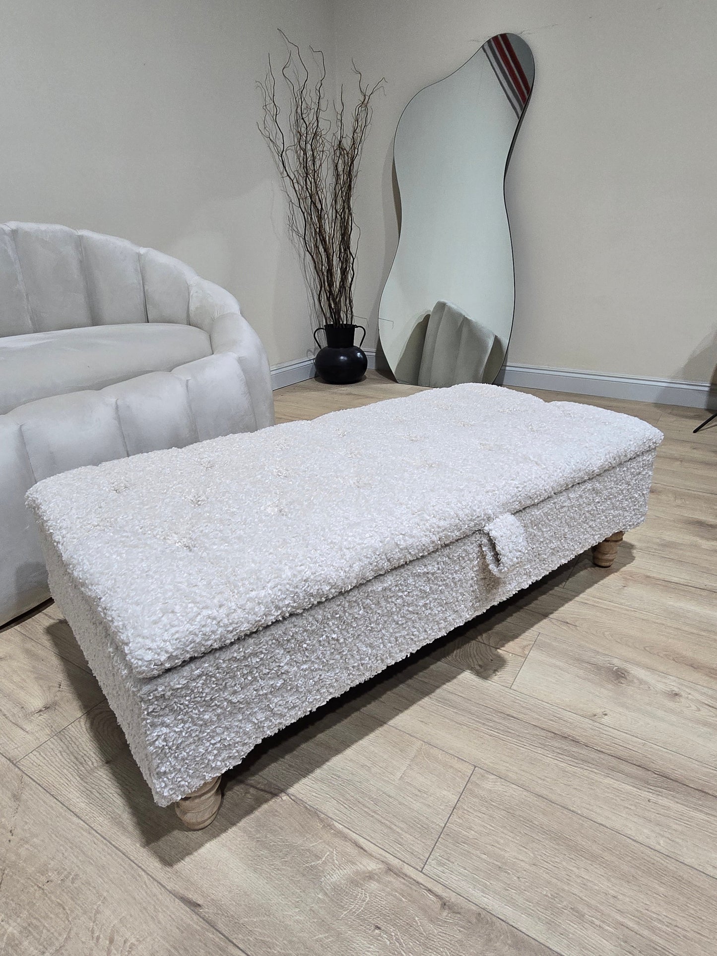 Premium large Teddy Bear Fluffy Creamy White Plain Top Footstool Coffee Table - ISTOOLS