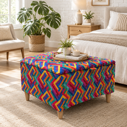 Premium Large Trem Multicolour Square Footstool – Multi-Use Coffee Table & Window Bay Seat - ISTOOLS