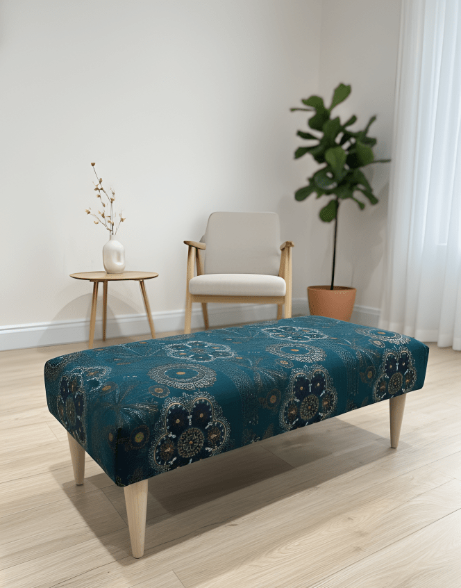 Green Floral Patterned Ottoman Bench Coffee Table with Cushioned Top - ISTOOLS