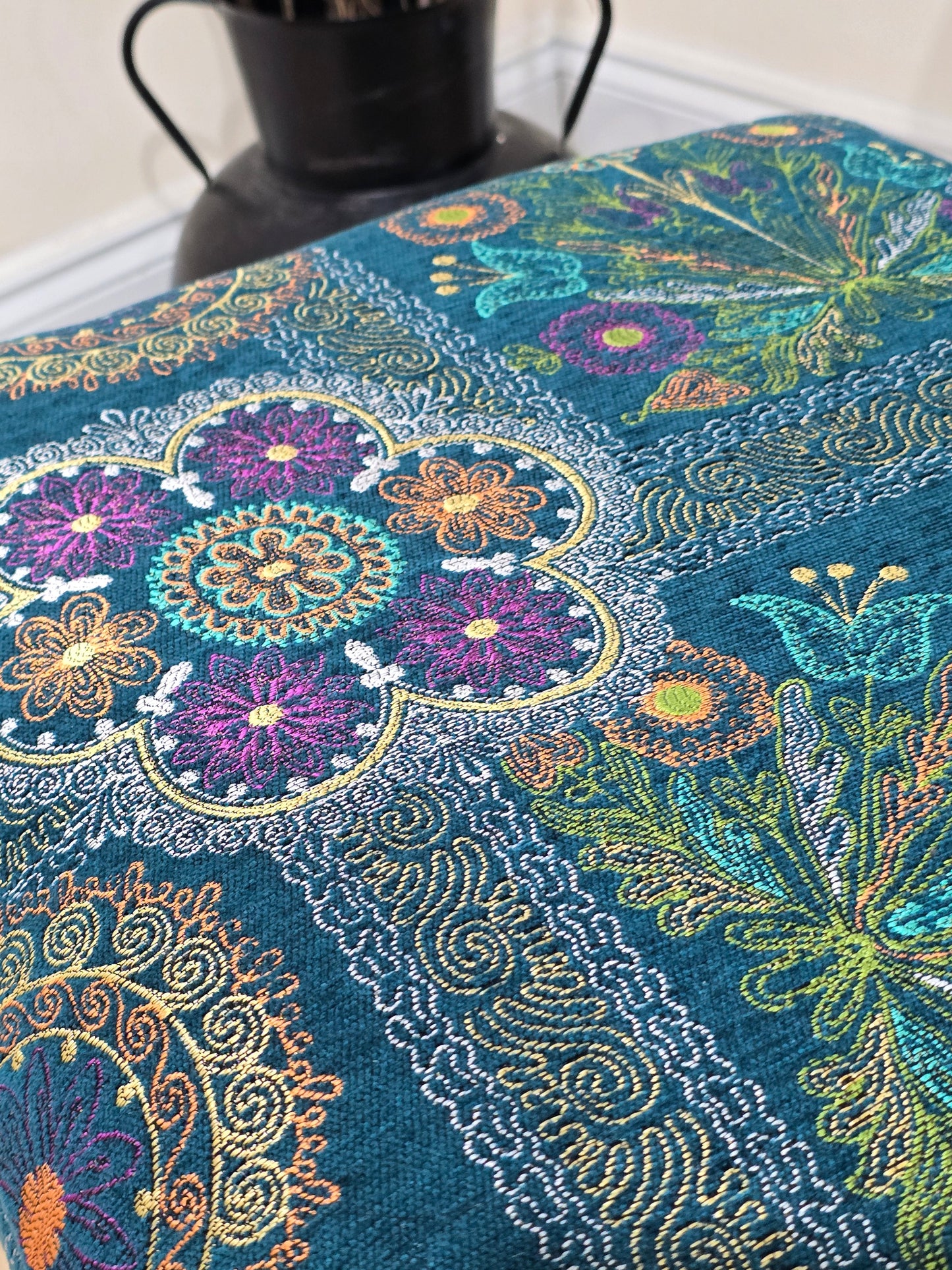 PREMIUM LOOP FLORAL GREEN PATTERN FOOTSTOOL CIRCLE BENCH COFFEE TABLE - ISTOOLS