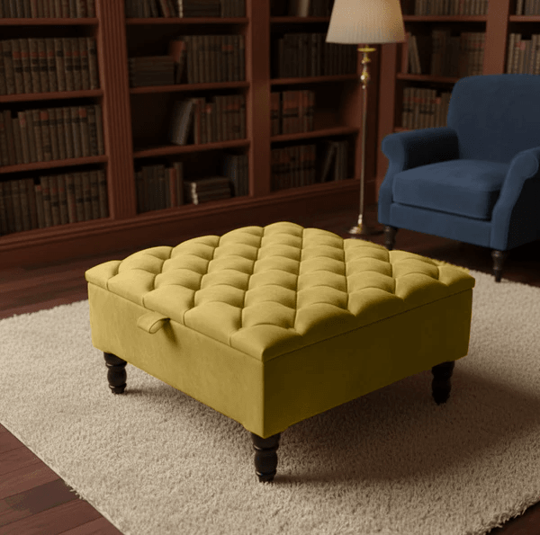 Premium Mustard Gold Velvet Storage Ottoman Coffee Table – UK Handmade Bench - ISTOOLS