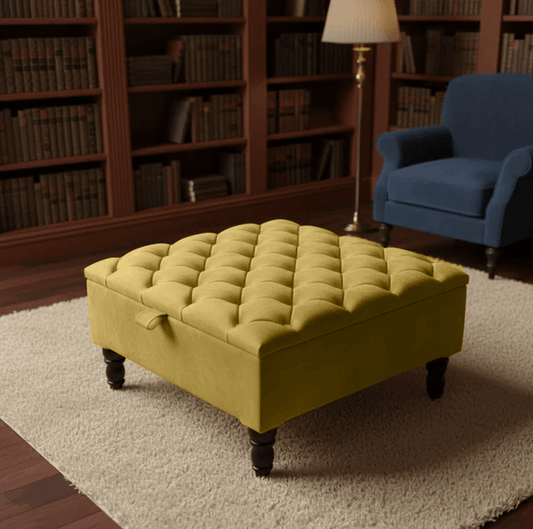 Premium Mustard Gold Velvet Storage Ottoman Coffee Table – UK Handmade Bench - ISTOOLS