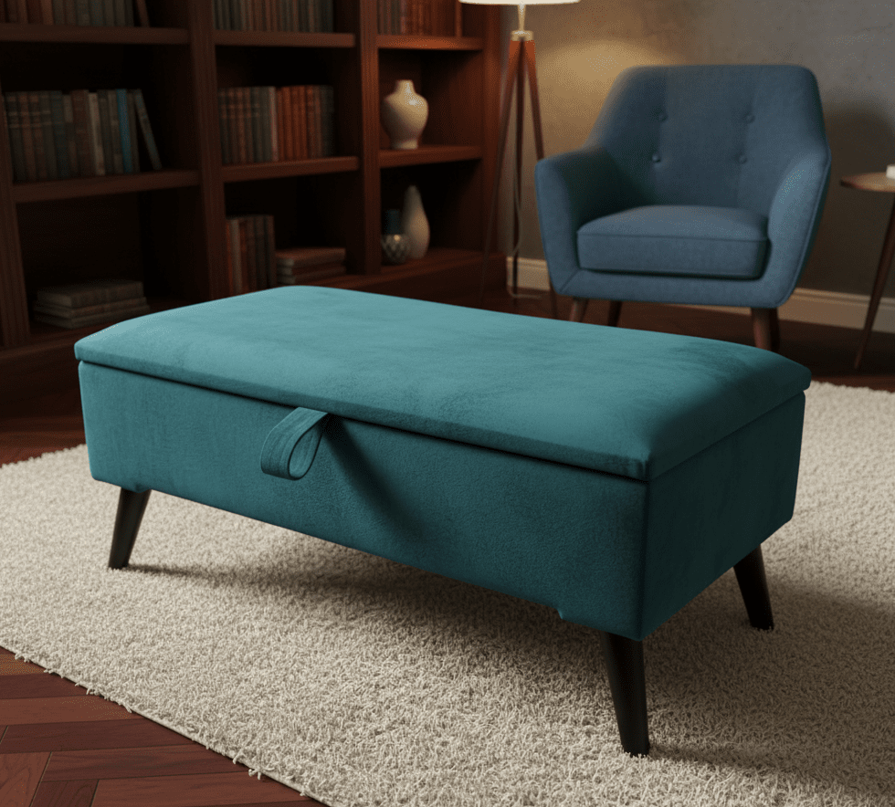 Opal green ottoman storage bench with plain lid in UK living room - ISTOOLS