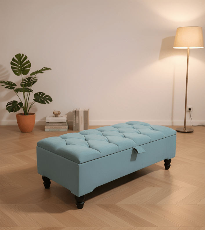 PREMIUM Pastel Blue Cotton Chenille coffee table with storage - ISTOOLS