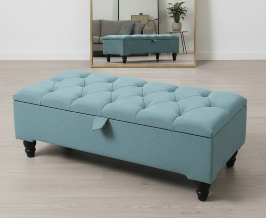 Upholstered storage coffee table ottoman in pastel blue for flats and apartments UK - ISTOOLS