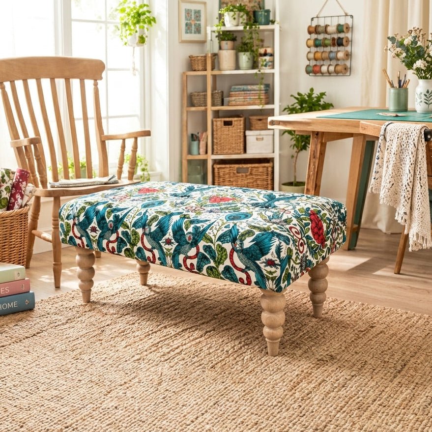 Premium Peacock Green Floral Footstool Ottoman – Luxury Pouffe & Footrest Table - ISTOOLS