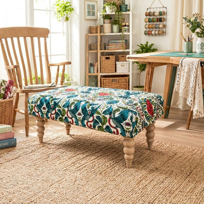 Premium Peacock Green Floral Footstool Ottoman – Luxury Pouffe & Footrest Table - ISTOOLS