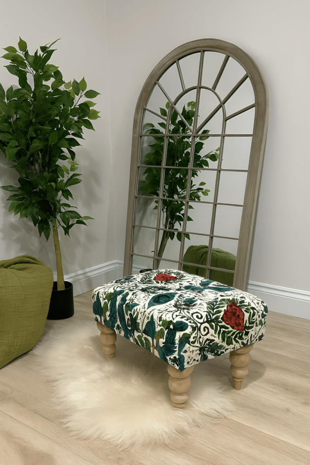 Premium Peacock Green Floral Footstool Ottoman | Luxury Velvet Pouffe & Footrest Table - ISTOOLS