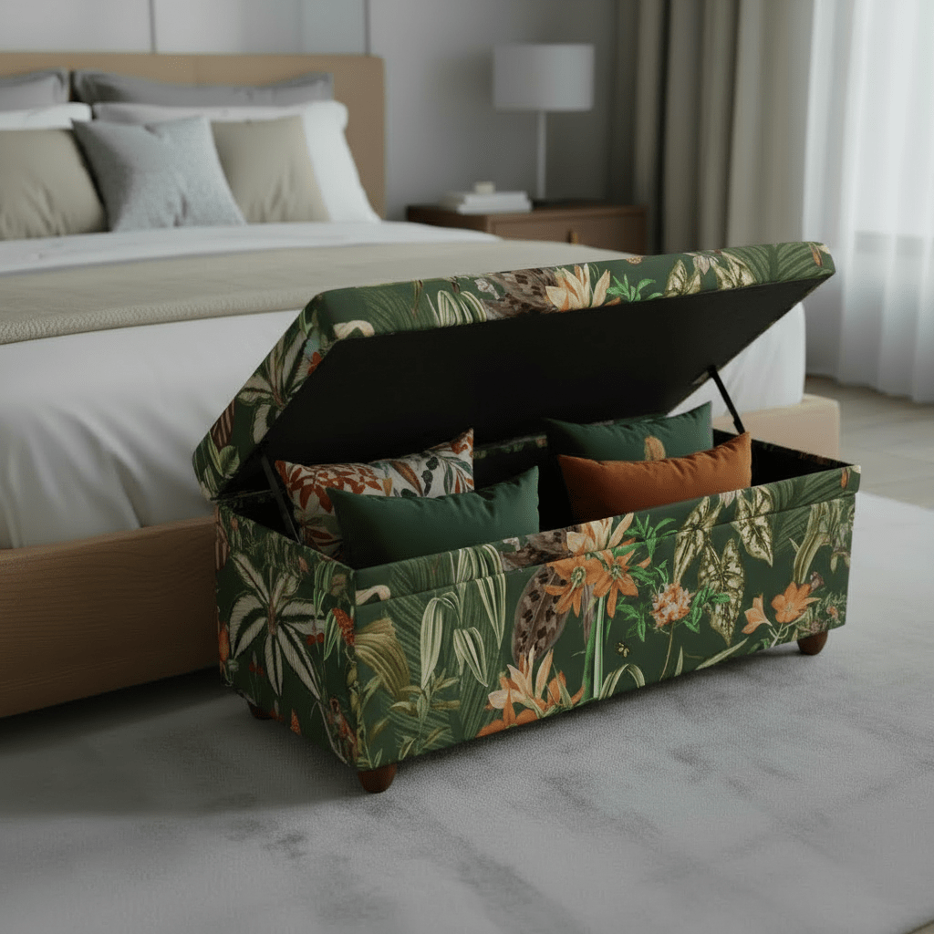 Premium Rectangular Storage Bench End of Bed Botanical Motif UK - ISTOOLS