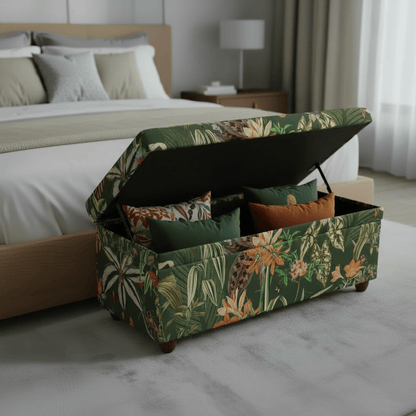 Premium Rectangular Storage Bench End of Bed Botanical Motif UK - ISTOOLS