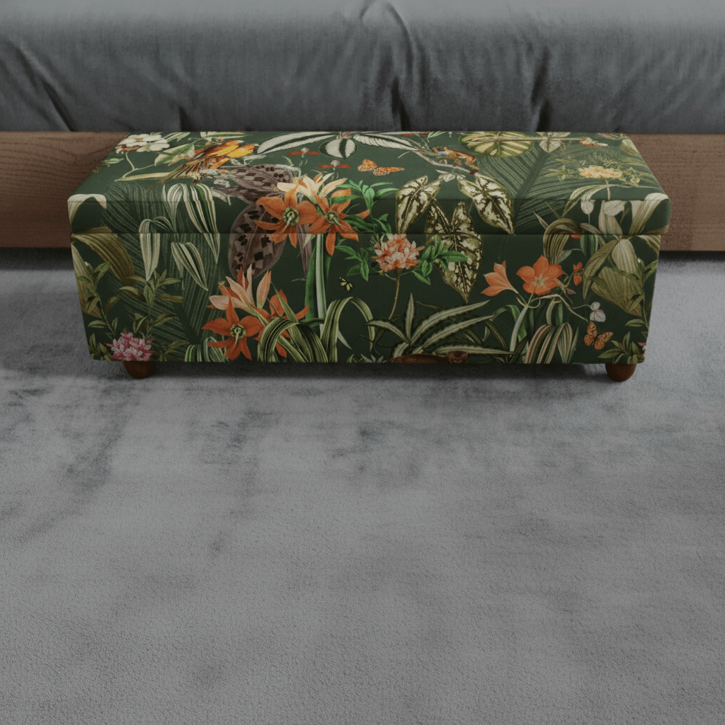 Premium Rectangular Storage Bench End of Bed Botanical Motif UK - ISTOOLS
