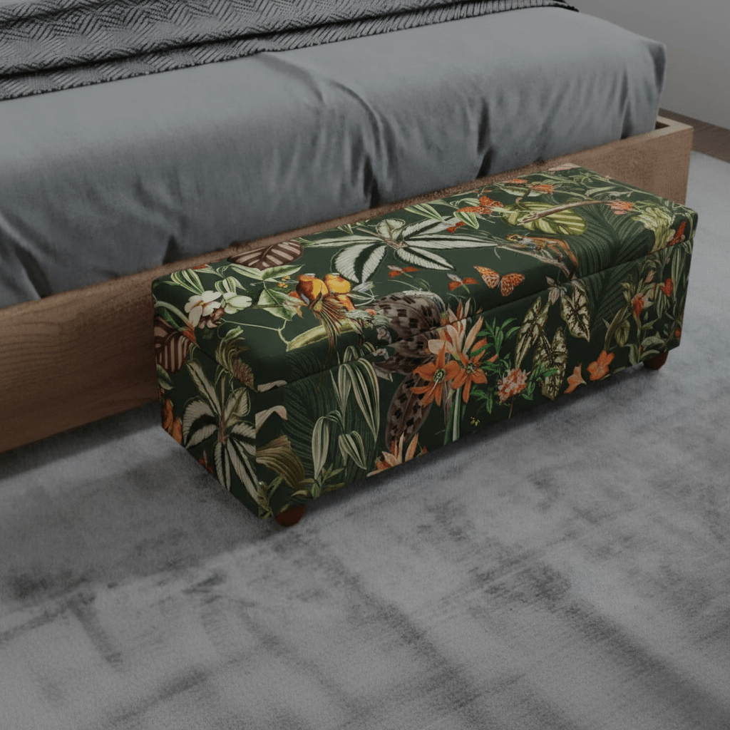 Premium Rectangular Storage Bench End of Bed Botanical Motif UK - ISTOOLS