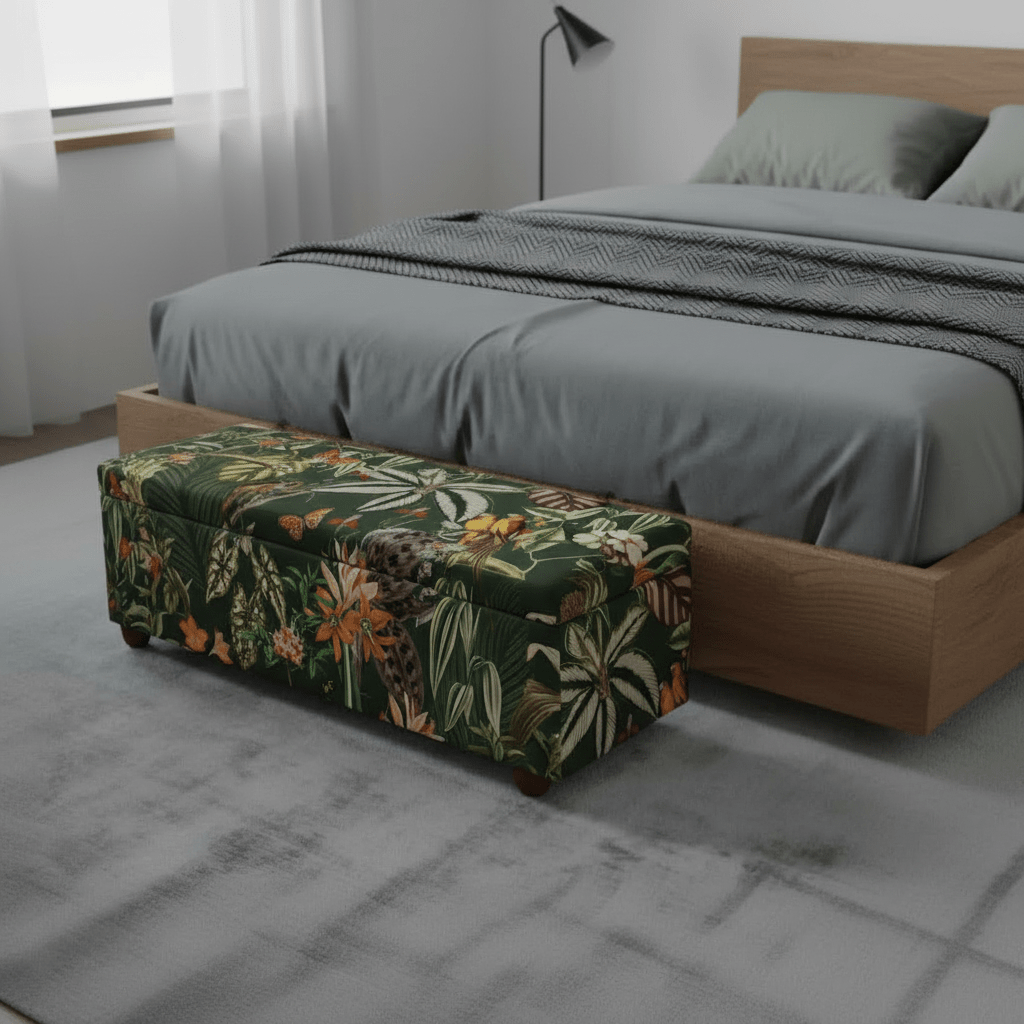 Premium Rectangular Storage Bench End of Bed Botanical Motif UK - ISTOOLS
